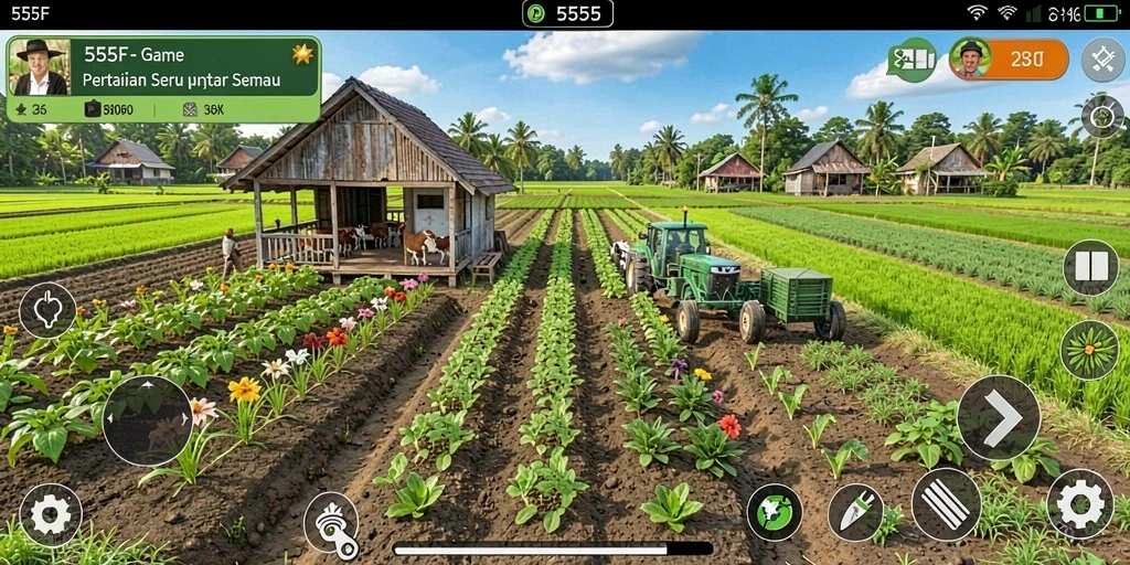 Tampilan gameplay seru di 555F dengan aktivitas pertanian.