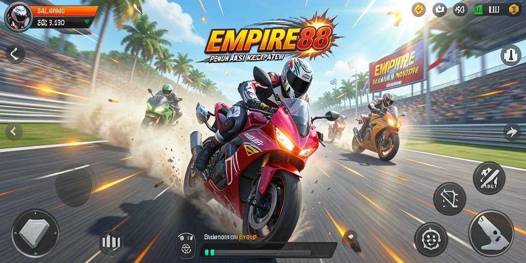 Tampilan gameplay <strong>EMPIRE88</strong> menampilkan balapan motor dengan grafis yang memukau dan trek yang menantang.