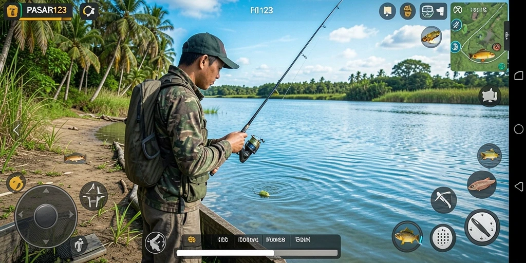 Tampilan gameplay Fishing di PASAR123 menunjukkan keseruan dan keindahan pemandangan laut.
