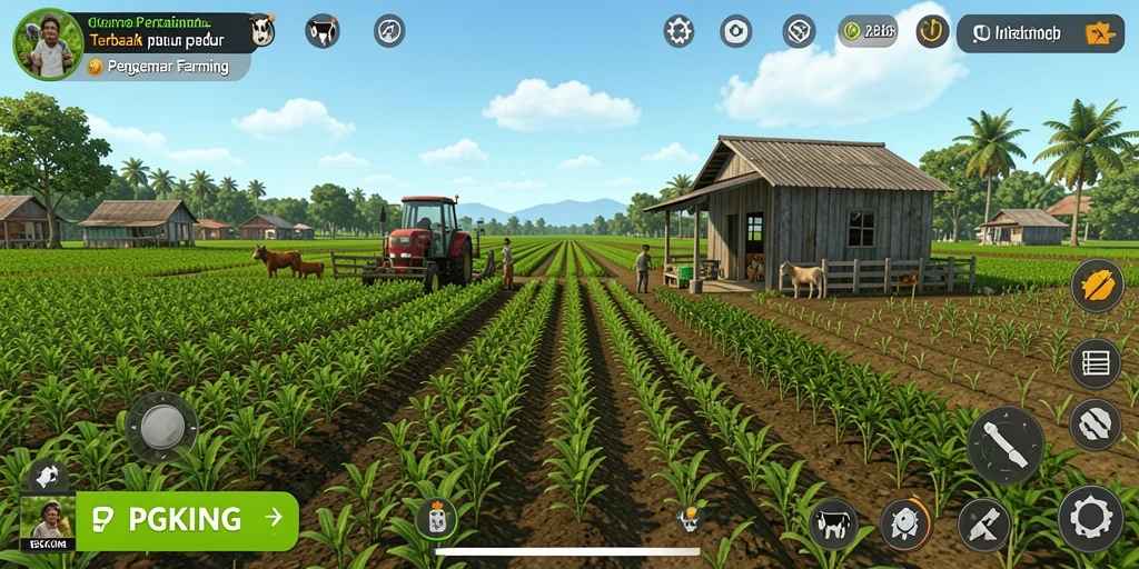 Tampilan gameplay menarik dari PGKING dengan kebun yang indah.