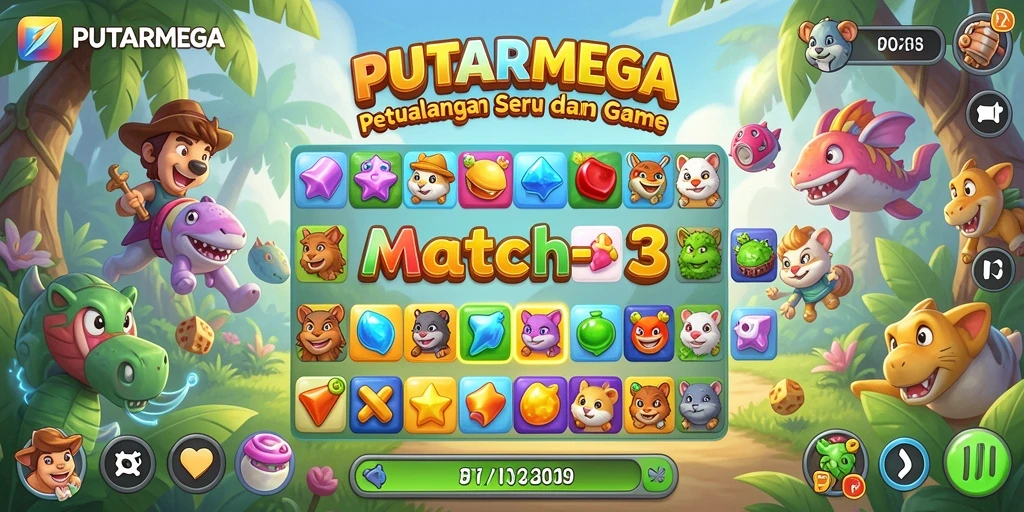 Tampilan gameplay PUTARMEGA yang penuh warna dan dinamis.