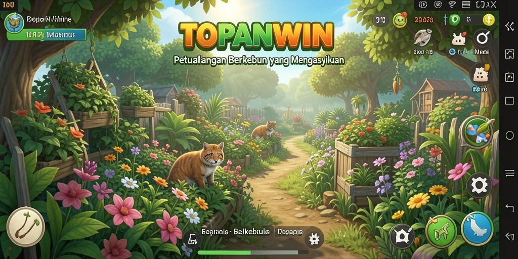 Screenshot gameplay TOPANWIN menampilkan kebun yang indah dan berwarna-warni.